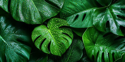 Fototapeta premium Rain drops on green monstera leaf nature background. Nature background of tropical leaves. 