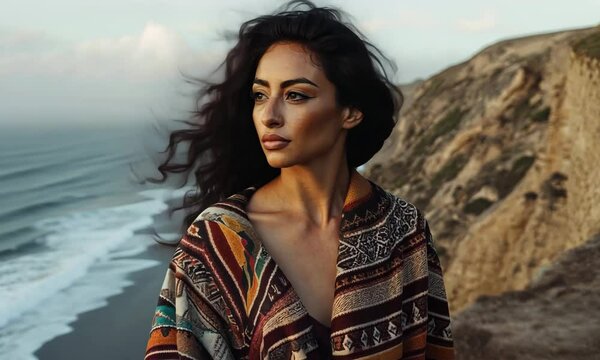 A beautiful woman with flowing dark hair gazes into the distance while standing near rugged ocean cliffs. She wears a bohemian-style patterned shawl, blending naturally with the windy and dramatic coa