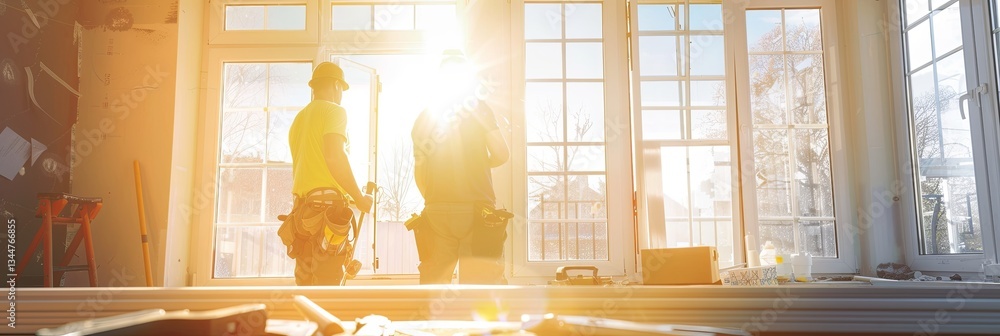 Aufkleber workers install a new window frame in a bright room with tools and materials spread around, showcasi