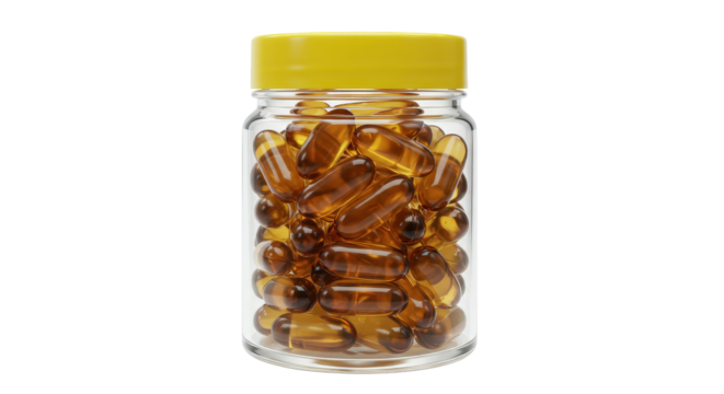 Isolated Jar of Omega 3 Fish Oil Capsules