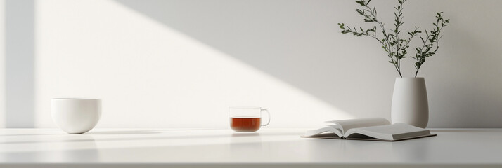 Minimalist desk setup with a notebook, a tea cup, and a small green plant.