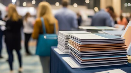 Elegant table display featuring notebooks, brochures, and print materials at a professional event