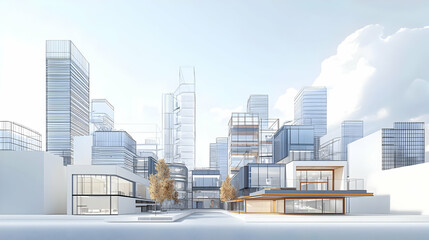 Architectural Cityscape Depicting Modern Buildings And Residential Structures Under A Clear Blue Sky