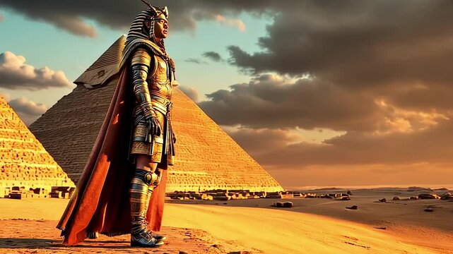 Great and powerful Egyptian warrior guarding the Great Pyramids, great commander on the Pyramid of Cheops in Ancient Egypt in Giza.