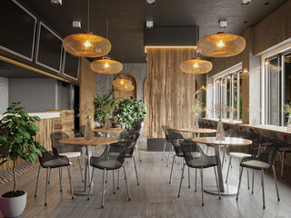 3d render of restaurant cafe interior