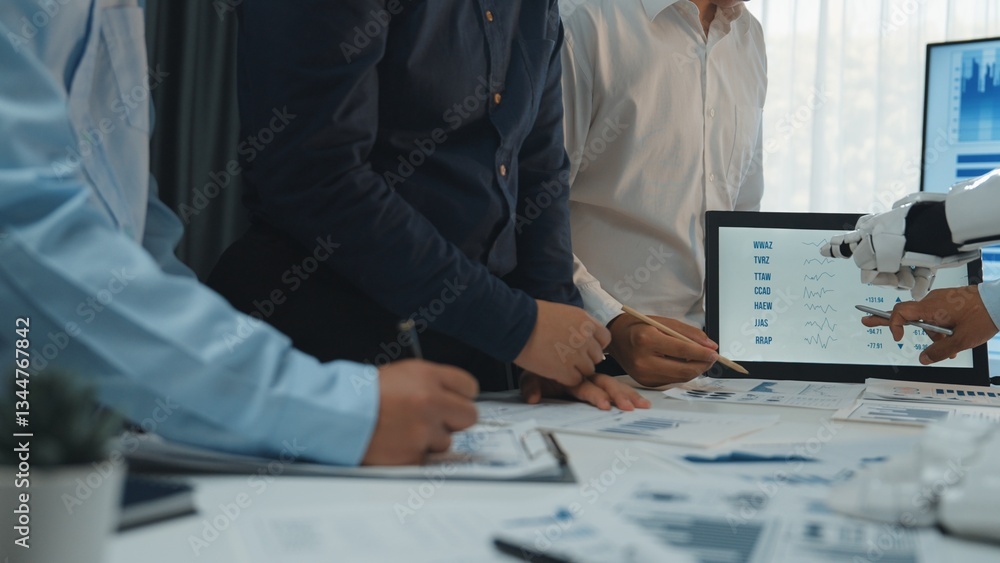 Poster a dynamic scene capturing business professionals collaborating in an office with advanced technology