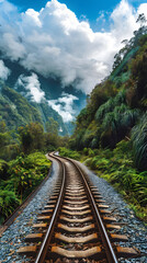 Fototapeta premium Embarking on a Serene Journey: A Scenic, Curving Railway Track Amidst Lush Greenery