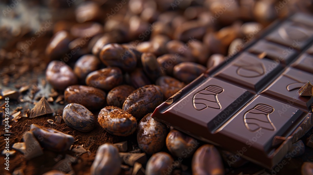 Poster rich cocoa beans and a chocolate bar create a natural, earthy culinary experience showcasing vibrant