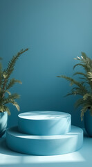 two-tiered light blue display stand with plants