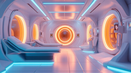 Brightly lit examination room with seamless, futuristic medical technology-2
