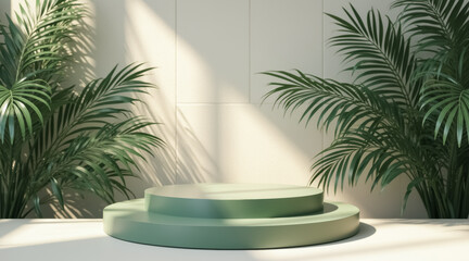 two-tiered sage green display podium with palm leaves in soft sunlight