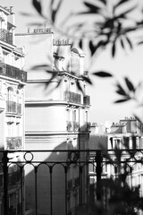 Paris. Modern Montmartre Apartment Buildings Architecture. Picturesque Cityscape in Black and White.