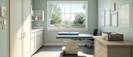 Compact pediatric exam room with a small table, medical tools, and a box of bandages-4