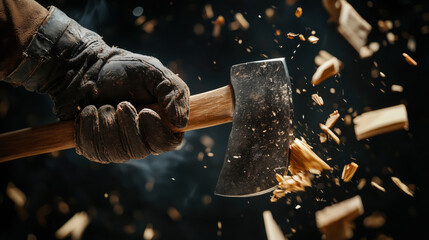 Product Photography of an Axe Held by a Gloved Hand Striking Wood, Capturing a Dynamic Shot Angle with Focus on the Axe Head and Wooden Pieces Flying Around