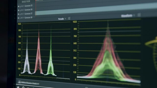 Close-up of a computer monitor with image colorization software. Color correction graphics. Video post-production color correction in progress. Professional video editing and color correction program