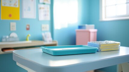 Empty pediatric clinic with an exam table, a neatly arranged medical tray, and a fresh bandage box-3