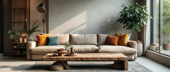 beige sectional sofa in sunlit living room with rustic wooden coffee table