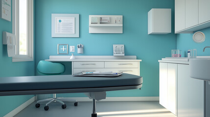 Empty pediatric clinic with an exam table, a neatly arranged medical tray, and a fresh bandage box-1