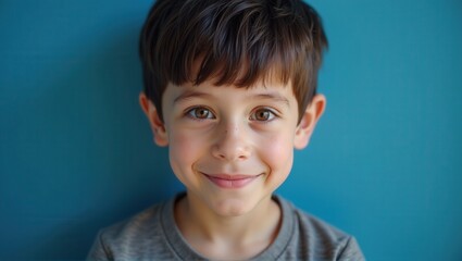 A young boy with short brown hair and bright green eyes, smiling softly in front of a solid blue background. He has a friendly and approachable expression. Generative, AI,