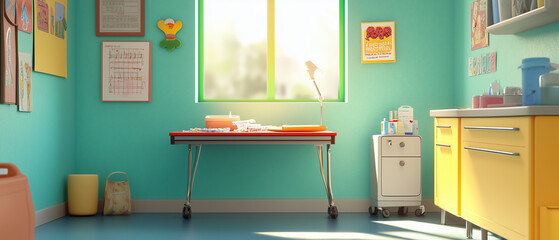 Empty pediatric exam room with a small table, syringe tray, and bandages-3