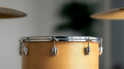 Close Up Of A Wooden Drum With Silver Hardware And Golden Cymbals In A Bright Studio With A Soft Focus Background