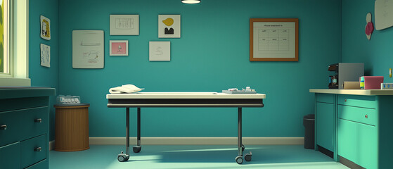 Empty pediatric exam room with a small table, syringe tray, and bandages-4