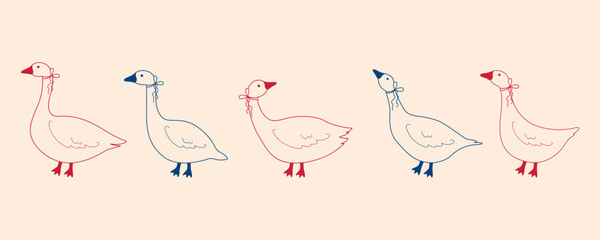 Set of hand-drawn cute goose characters in different poses. Vector illustration.