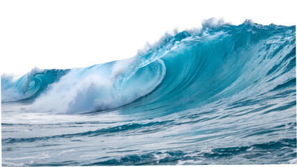 A majestic ocean wave crashes against the shore, its turquoise depths and foamy crest a...