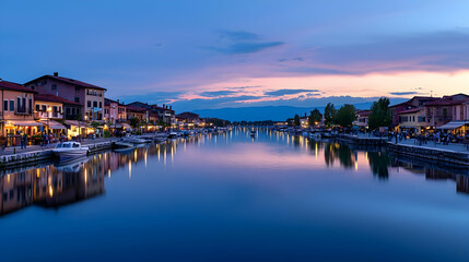 Fototapeta premium City Canal Reflecting Buildings And Lights At Dusk With Blue Sky And Calm Water
