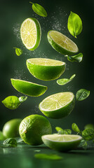 Fresh Green Limes Floating with Leaves on a Dark Background