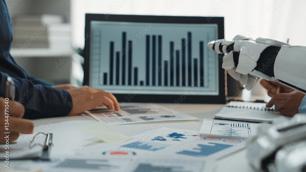 Poster a modern office scene featuring a robotic arm interacting with data reports and graphs, highlighting