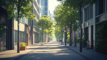 Fototapeta premium Sunlit Urban Walkway with Lush Green Trees and Modern Architecture