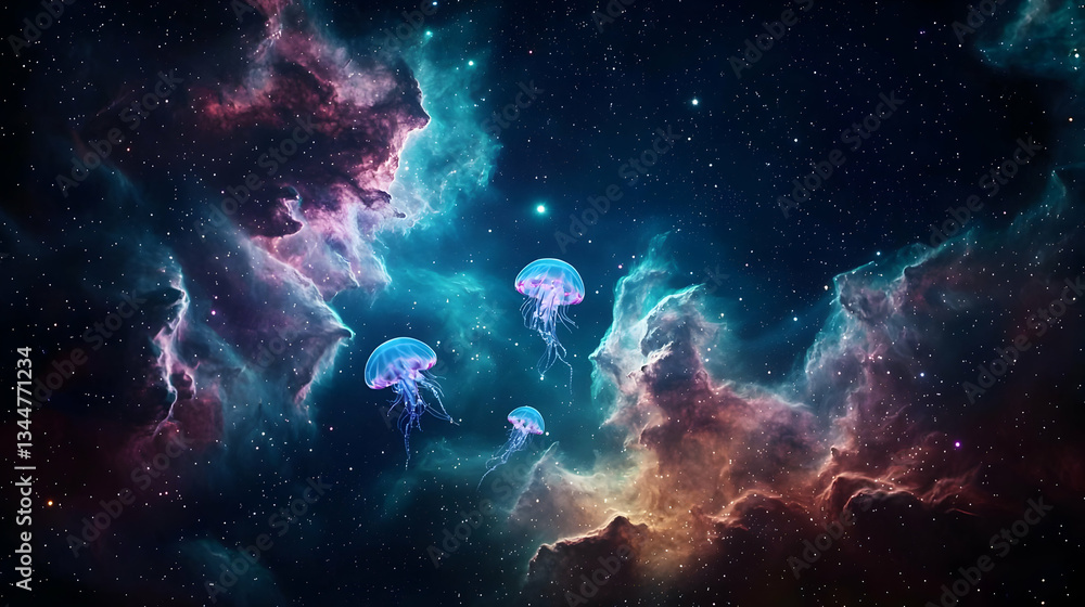 Poster pixelated jellyfish floating in a vibrant nebula against a dark starry sky with abstract light and c