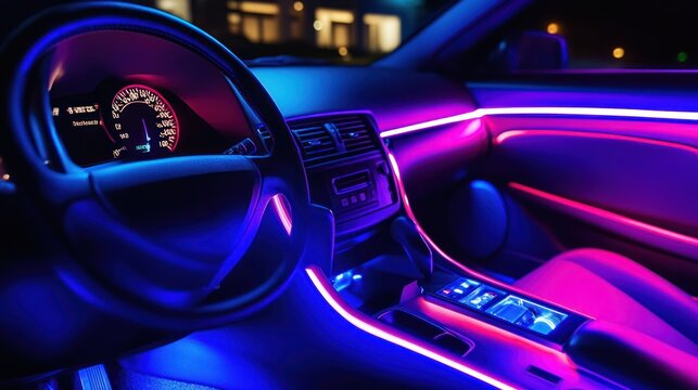 Interior of a car at night, illuminated by vibrant neon lights