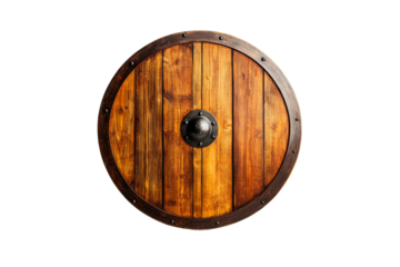 Round wooden shield with metal details for display