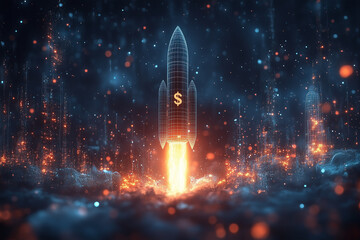 Futuristic digital illustration of a low-poly wireframe rocket launching with a glowing dollar sign, representing financial growth, business success, and investment opportunities.