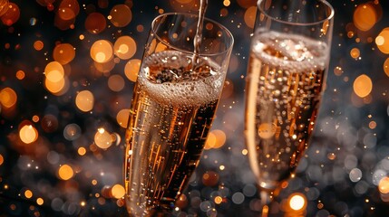 Champagne glasses toasting midnight sparkling lights and open space for festive text