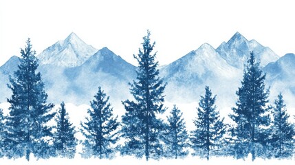 Fototapeta premium Tranquil Blue Mountain Landscape with Majestic Pine Trees in Watercolor Style