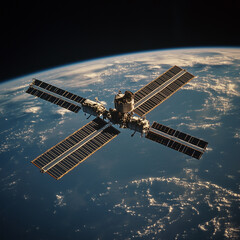 Obraz premium satellite with solar panels is floating in space