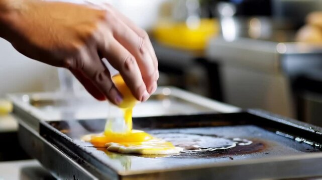 Close-up of a hand cracking an egg and pouring it onto a hot industrial griddle in a professional kitchen