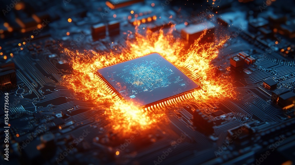 Poster futuristic quantum computer concept with flames and technology design