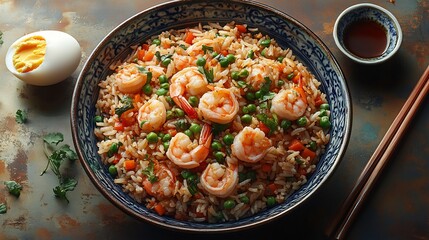 Spicy fried rice stir fried shrimp vegetables egg soy sauce served a bowl chopsticks placed alongside top view showcases the colorful ingredients