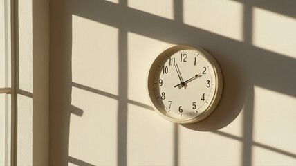 Cream Wall Clock with Sunlight Grid Shadows on Beige Wall