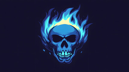 Professional Skull Logo Design with Blue Fire in Cartoon Vector Illustration