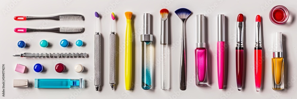 Poster colorful arrangement of nail polishes and manicure tools on a light background highlighting vibrant 