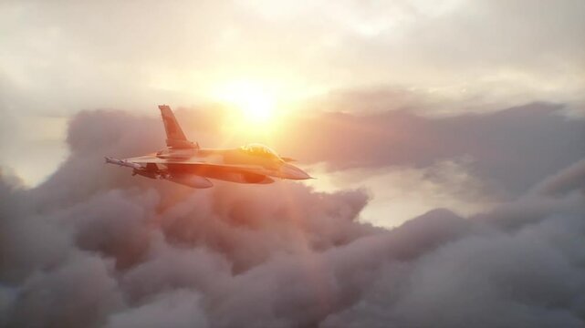 Military fighter jet F-16 flying over clouds. Air force.