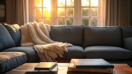 Cozy living room sofa with blanket, sunlight, and books