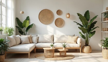 Nordic interior design of boho living room. White wall background with sofa, table. Modern decoration comfortable light chair indoor furniture architecture floor plant house lamp luxury. Cosy