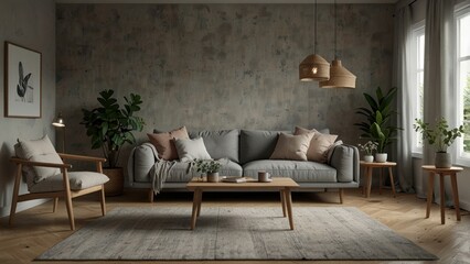Cozy living room with gray sofa and neutral decor