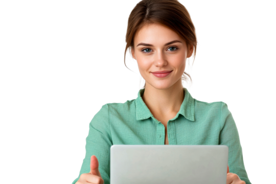 Smiling woman with laptop gives thumbs up